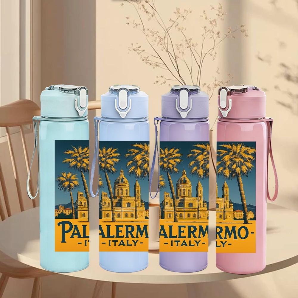 1PC Palermo Sicily Vintage Poster Print 750ml Color Plastic Sports Water Bottle Leakproof Flip Straw Lid Suitable for Sports Office Home Use