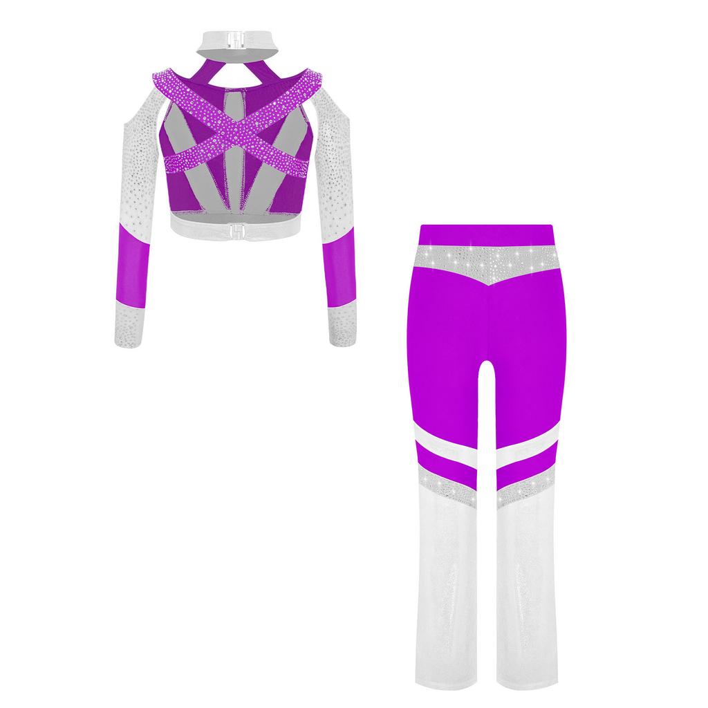 Girls Gymnastics Costume Long Sleeve Shiny Top Rhinestone Color Block Cross Back Flared Pants