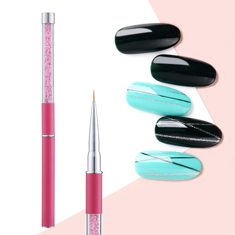 Nail Art Brush Pen With Cap Pink Rhinestone Diamond Metal Acrylic Handle Gel Liquid Salon Liner