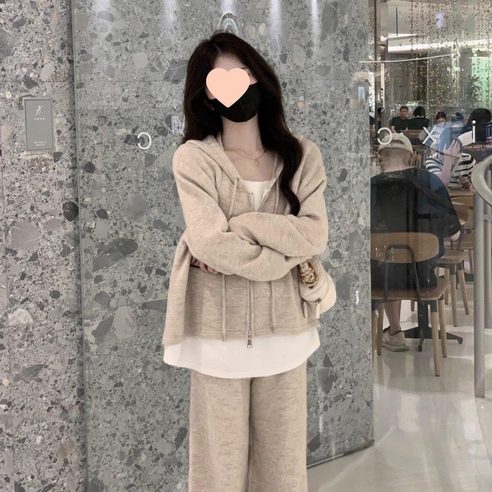 Весна 2025 Женский повседневный костюм-двойка: Кардиган-свитшот из двух частей и брюки широкого кроя