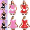 Womens Glossy Patent Leather Maid Dress with Lace Headband Ruffles Lace Apron Puff Sleeve A-Line Dress