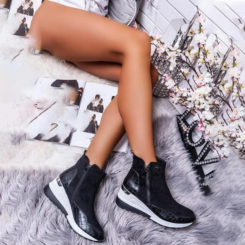 Женские зимние ботинки на танкетке, модные, осенне-зимние, на молнии, теплые, плюшевые, на твердой платформе, корейские, повседневные, короткие, ботильоны, хлопковая обувь