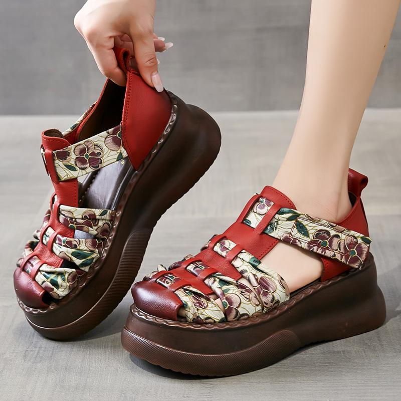 Retro Sandals 2024 Summer New Hook & Loop Round Toe Genuine Leather Comfortable Thick Bottom 6cm Women's Platform Shoes