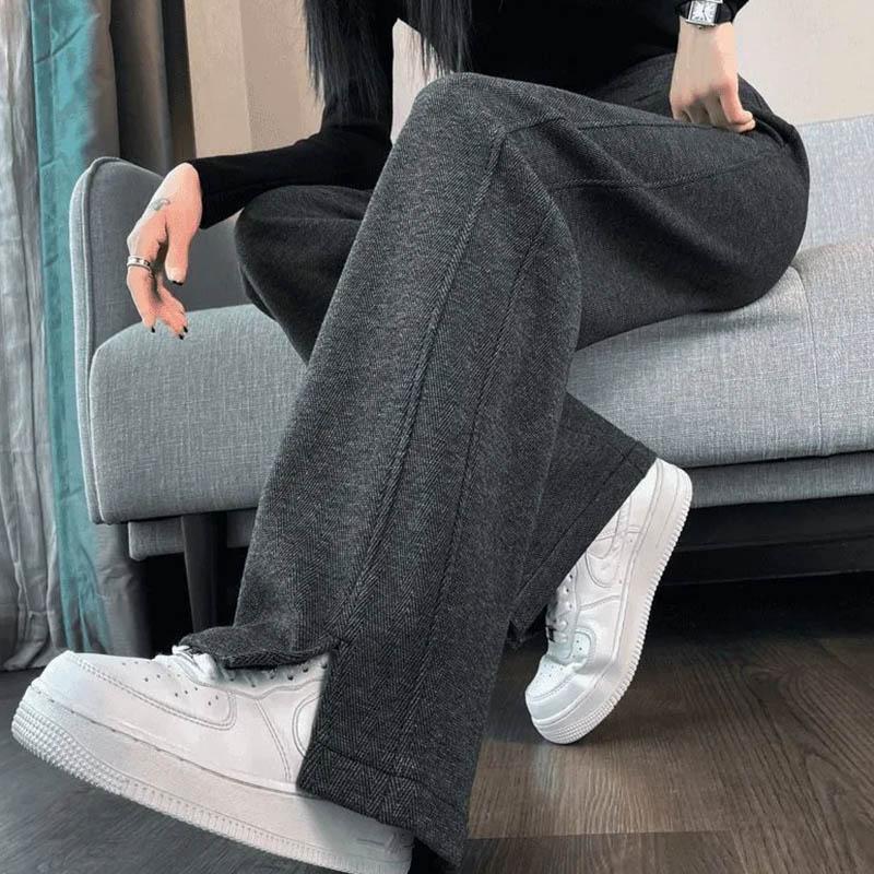 Брюки для женщин Эластичные с высокой талией Длинные брюки Большого размера Утепленные Эластичные Однотонные Универсальные Повседневные Брюки с широкими штанинами Брюки