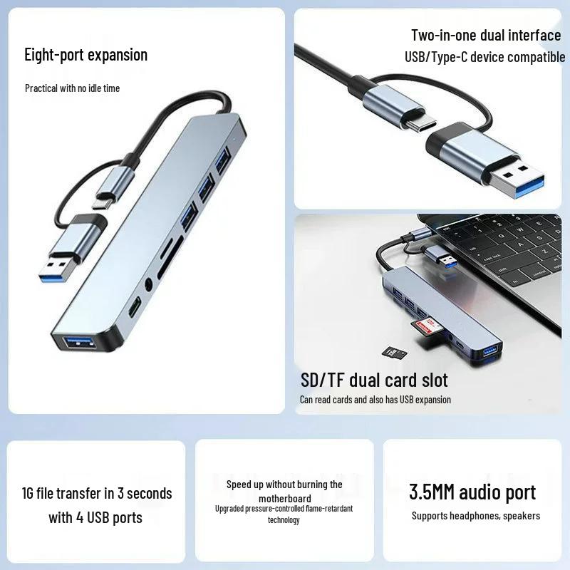 8-в-1 USB 3.0 Док-станция со считывателем карт TF/SD и USB-хабом для ноутбука