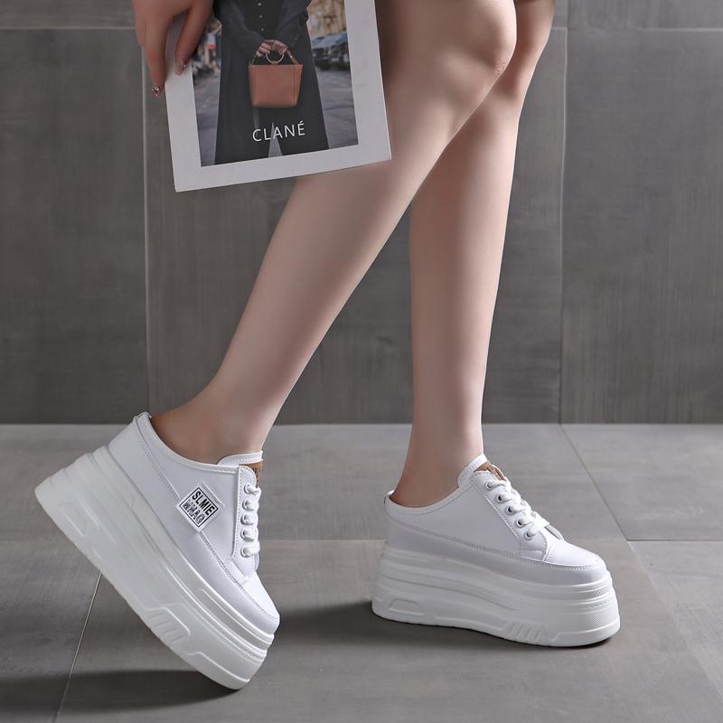 Мода 12 см Женская летняя обувь Слипоны Натуральная кожа Модные женские тапочки на танкетке Платформа Сандалии на танкетке Сандалии