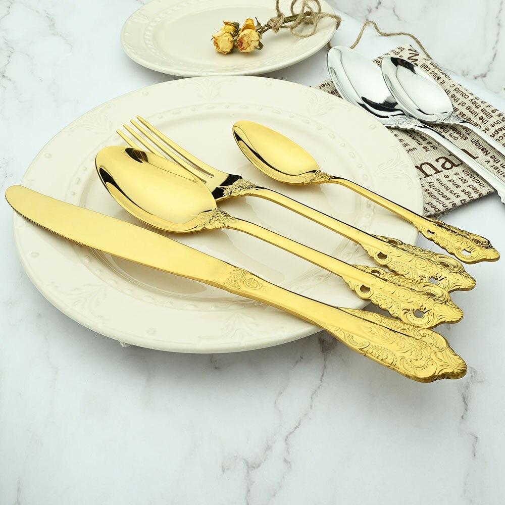 Золотой роскошный набор столовой посуды, винтажные столовые приборы в стиле вестерн, позолоченные столовые приборы из нержавеющей стали 304, набор ножей и вилок, кухонная посуда