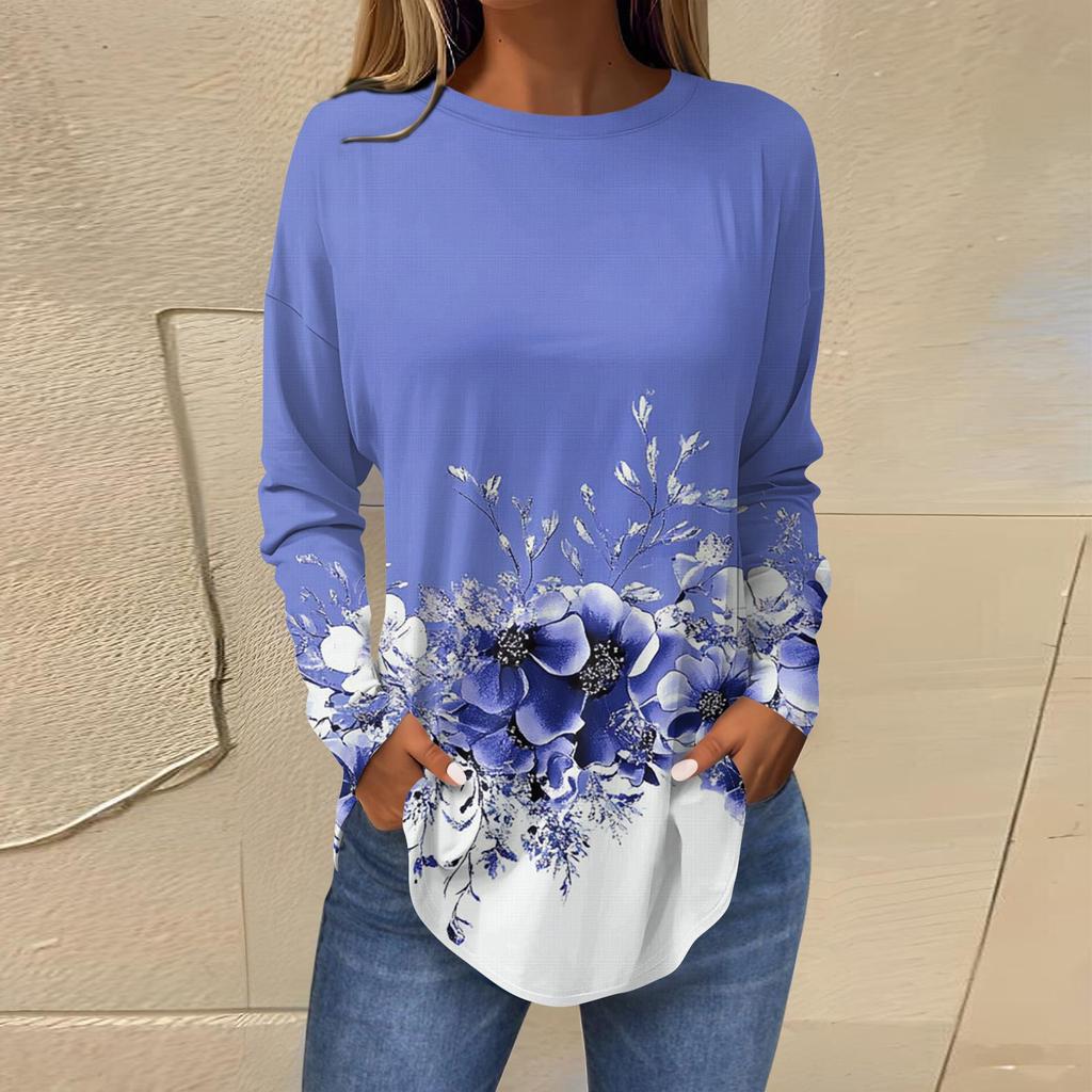Женская свободная футболка с длинным рукавом с круглым вырезом и принтом, верхний пуловер