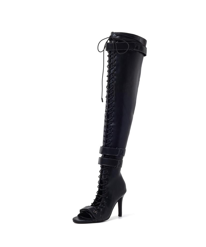 Ssimeez Double Strap Lace-Up Open-Toe Heel Boots (Black)