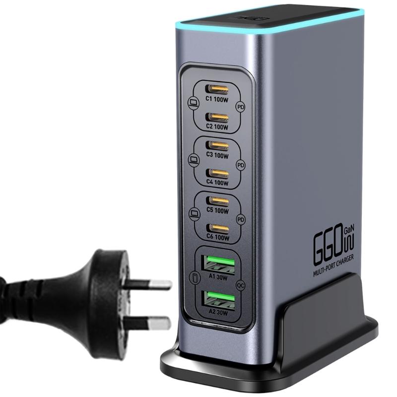 660 Вт Зарядная станция на нитриде галлия, 8 портов USB-A и USB C, Быстрое зарядное устройство для ноутбуков, планшетов, телефонов