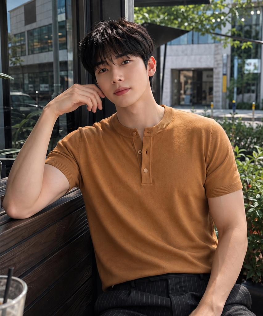 HERVINO Modern Henley Neck Muscle Fit Short Sleeve Knit [Camel]