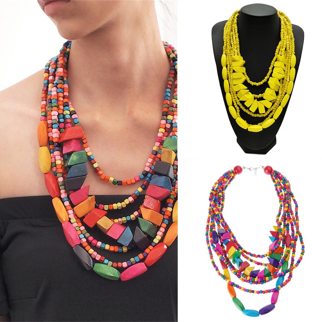 Vibrant Bohemian Style Multilayer Necklace Artistic Bohemian Multilayer Wood Neck Chain Jewelry Set for Music Festivals
