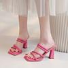 Summer New Women's Slippers Square Toe Grace Narrow Band Solid Casual Sandals Waterproof Block High Ladies Shoes