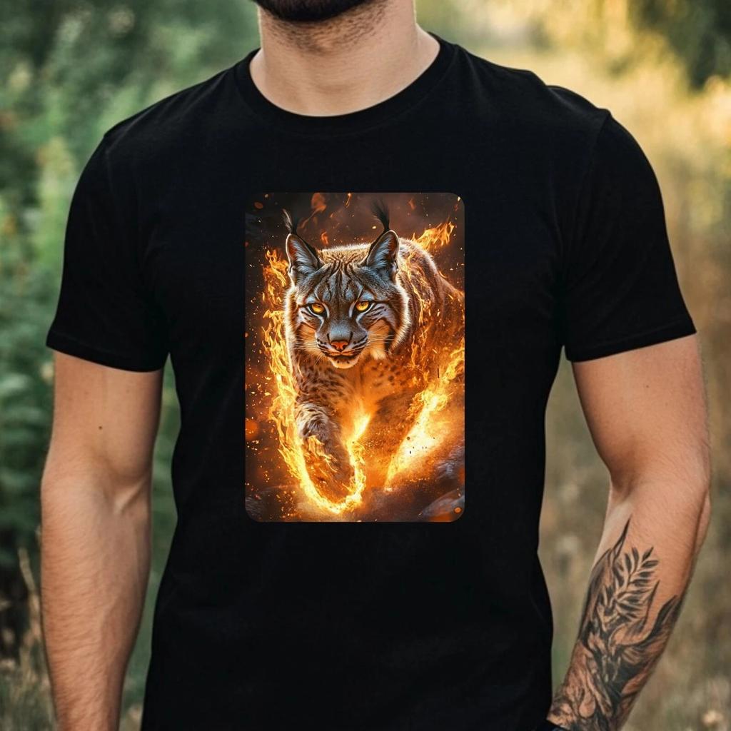 T-Shirt Herren Luchs in Flammen Motiv Baumwolle Größe XS bis 5XL