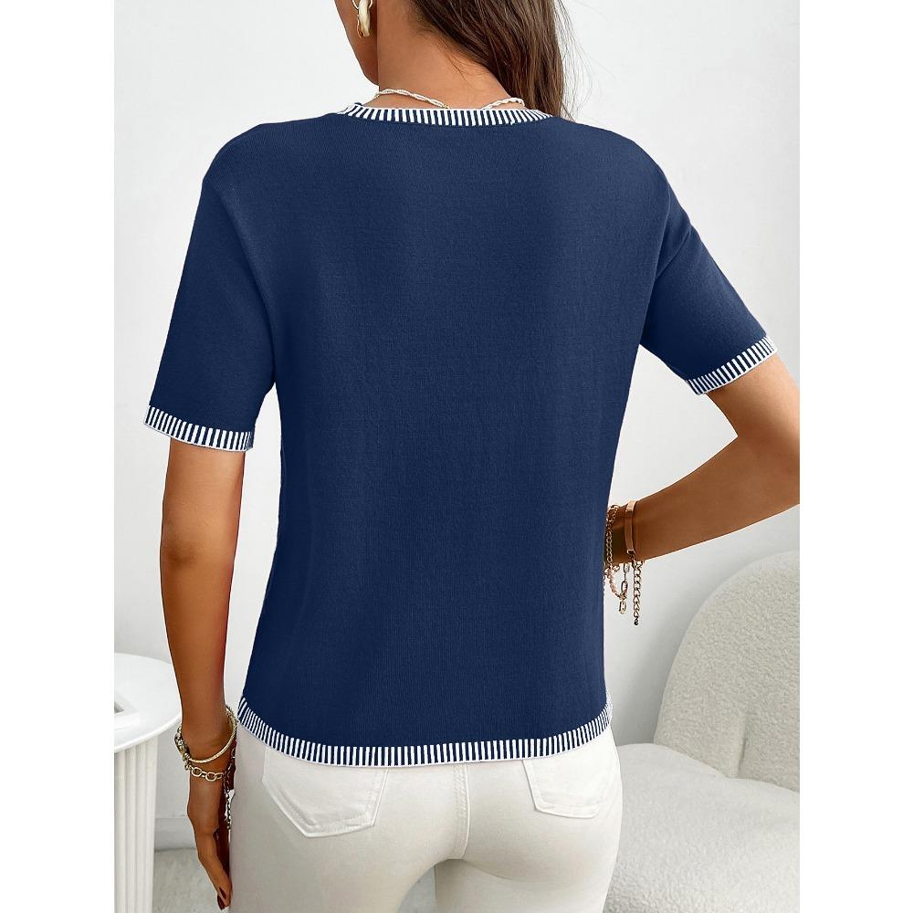 Летний новый женский свитер с круглым вырезом и короткими рукавами, полосатый вязаный свитер