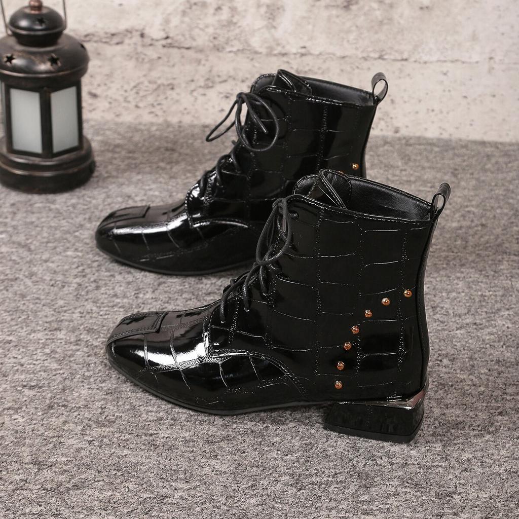 2024 Fashion Square Toe Mid Heel Solid Women's Boots Square Heel Ankle Modern Boots Spring/autumn Lace-up Shoes Female Botas
