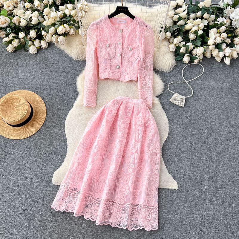 Classic Style round Neck Puff Sleeves Large Swing Autumn Clothing Lace
