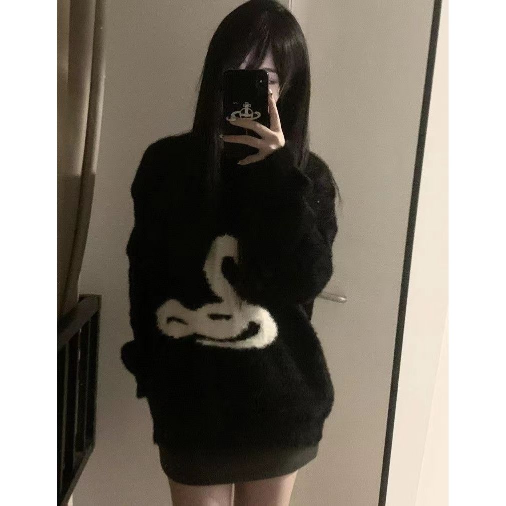 Y2k Белый готический женский свитер с принтом свободного покроя в стиле Харадзюку, корейская мода, вязаные пуловеры, змеиный узор, осенняя теплая уличная одежда