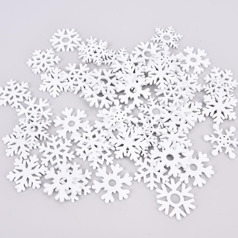 50Pcs Mix Shape Wooden White Snowflakes Christmas Ornaments Xmas Wood Pendants