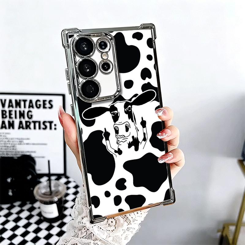 White Black Dairy Cattle Symbol Plating Phone Case For Samsung Galaxy S24 S25 FE S26 Edge S23 Ultra S22 S21 Plus S20 Anti-Fall A