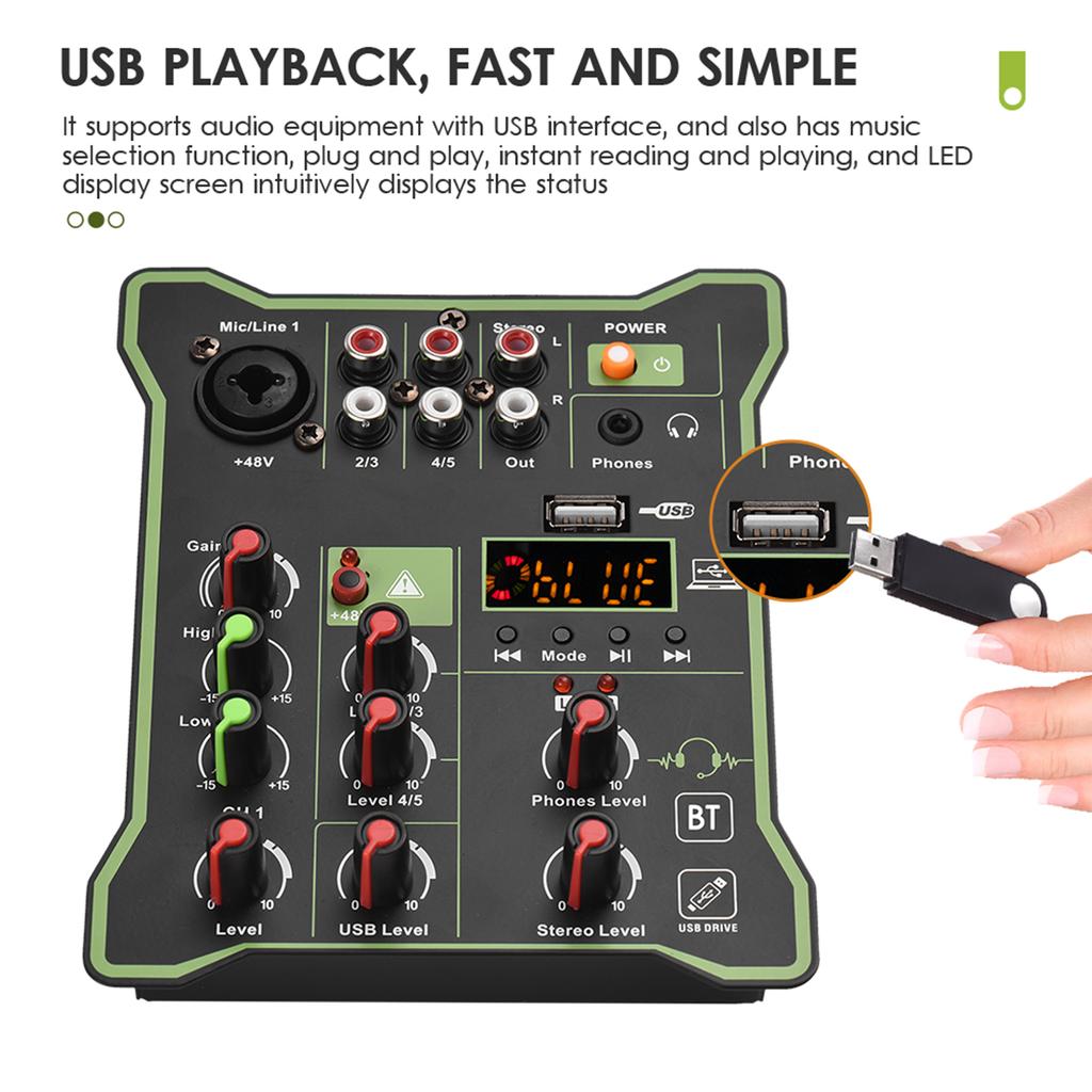 5-канальный компактный аудиомикшер, консоль для микширования звука, фантомное питание, 48 В, USB-аудиоинтерфейс, светодиодная подсветка