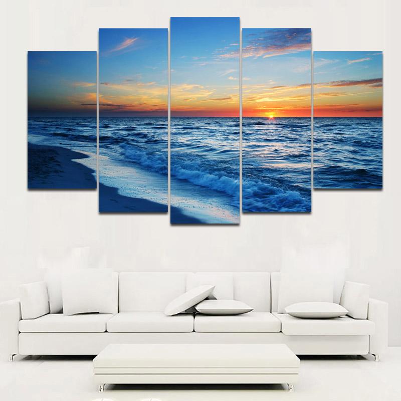 5 панелей, плакаты с морским пляжем, принты, морской пейзаж, пейзаж, настенное искусство, холст, картины, волны, восход солнца, фотографии, современный домашний декор, без рамы