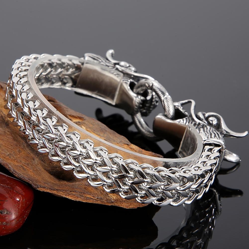 Gothic Double Chinese Long Dragon Heads Design Men's Bracelet 11MM Width Stainless Steel Square Franco Link Chain Male Jewelry