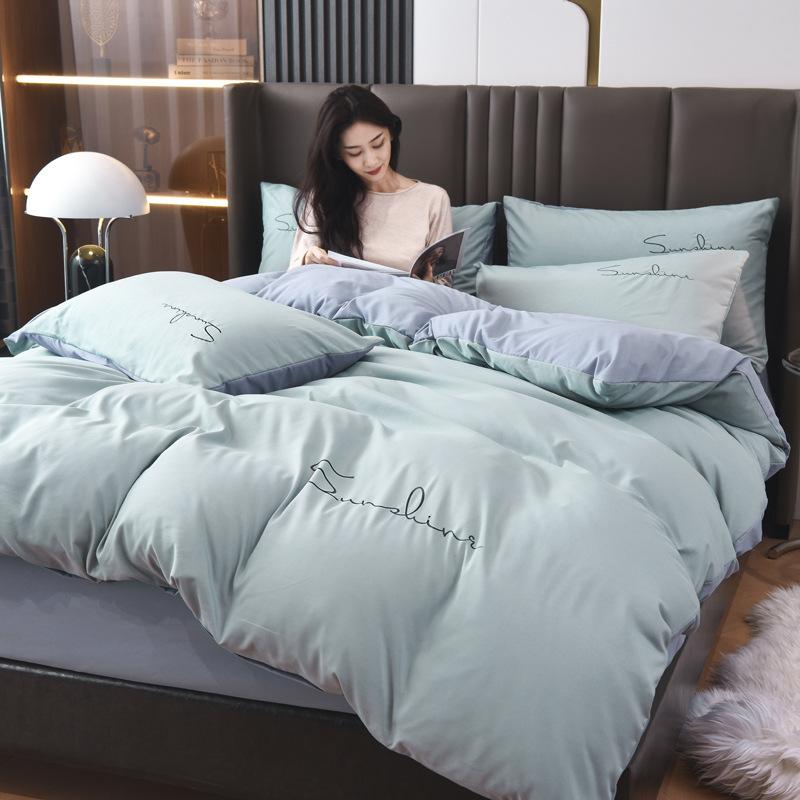 Solid Color Embroidery Simple Grinding Four-piece Set European Solid Color Embroidery Quilt Cover Bed Sheet Bedding