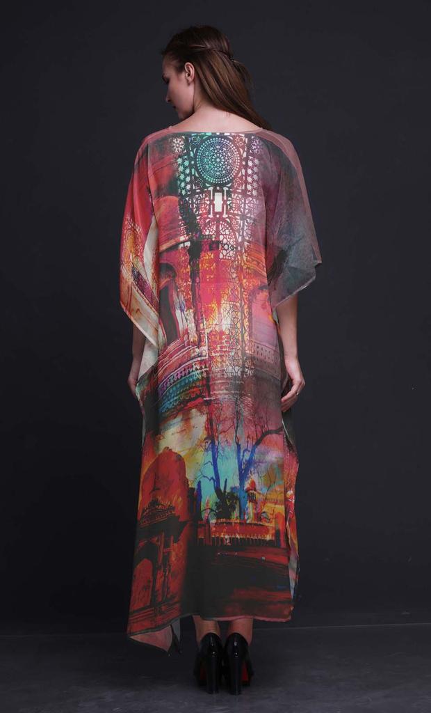 Phagun Mughal Monuments Long Caftan Maxi Dress Beach Swimwear Cover Up Womens