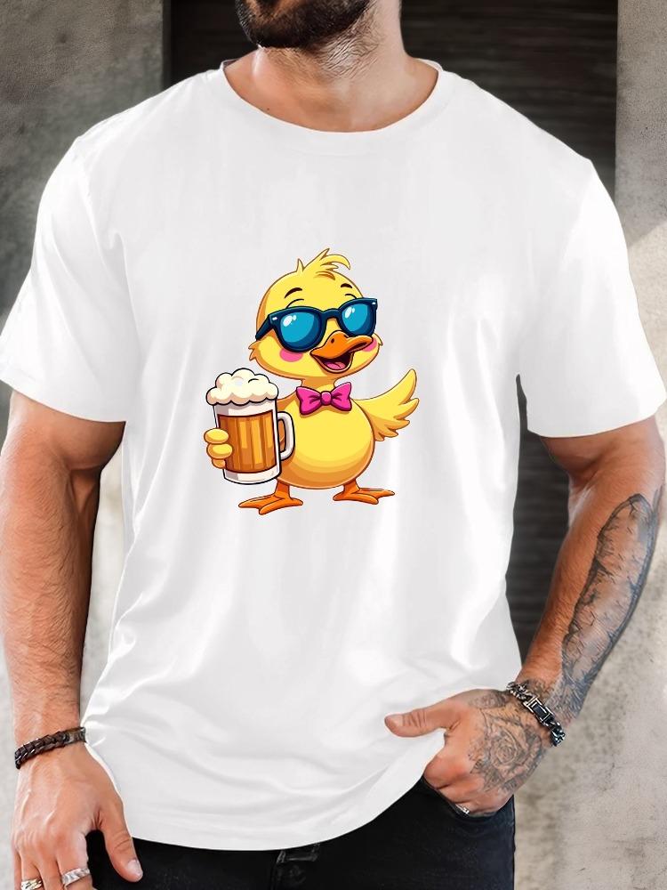 Fun Yellow Duck Sunglasses Bow Beer Cup Graphic Unisexs Short Sleeve T Shirt Summer Beach Casual Animal Drinking Daily Basic Tee
