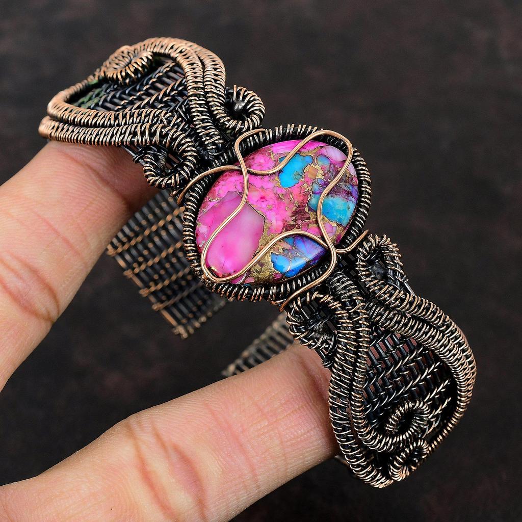 Браслет-манжета Kingman Pink Dahlia Turquoise с драгоценными камнями, браслет-манжета из проволоки, ручная работа, ювелирные изделия из медной проволоки, регулируемый браслет, подарок