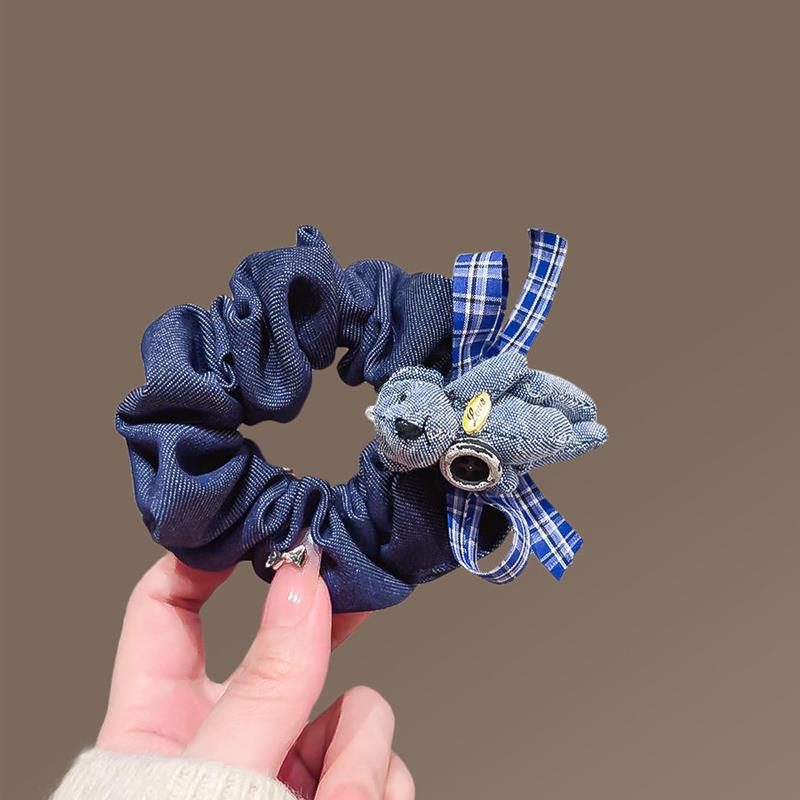 Женская синяя джинсовая повязка-ободок с головой медведя и бантом - Новая девичья резинка в школьном стиле - Высококачественная повязка-ободок