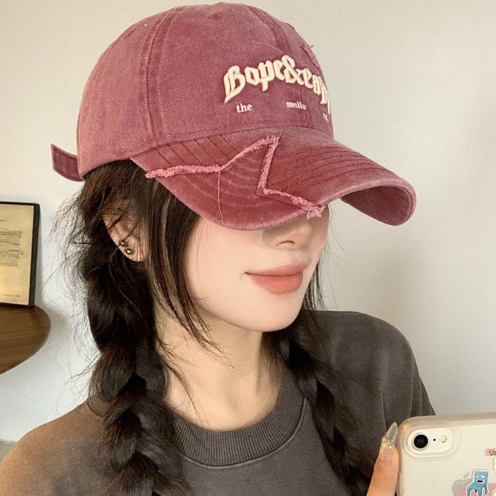 Embroidered Letter Baseball Hat Sunscreen Star Peaked Cap Washed Denim Baseball Cap Male/Female