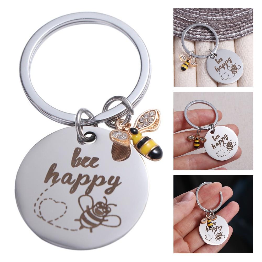 with Letters Stainless Steel Key Ring DIY Letters Round Pendants Bee Happy Key Chain Father
