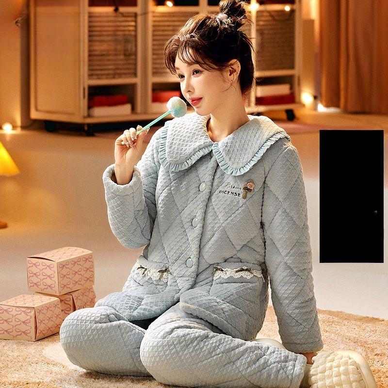 Коралловая бархатная пижама женская зимняя трикотажная стеганая куртка из толстой фланели корейский кашемировый женский комплект домашней одежды можно носить на улице