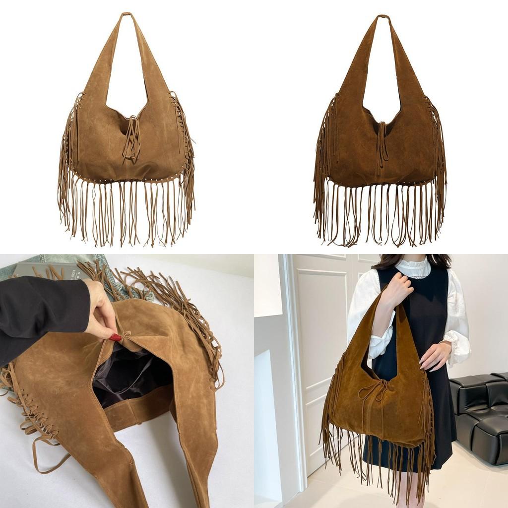 Vintage Suede Shoulder Tote Bag With Tassel Design And Solid Color For Daily Use