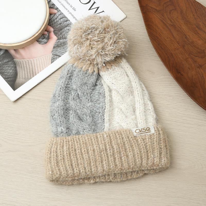 Korean Version of All Match Color Blocking Plaid Wool Hat Cute Fur Ball Plus Velvet Warm Hat Autumn and Winter Outdoor Leisure Cold Hat New