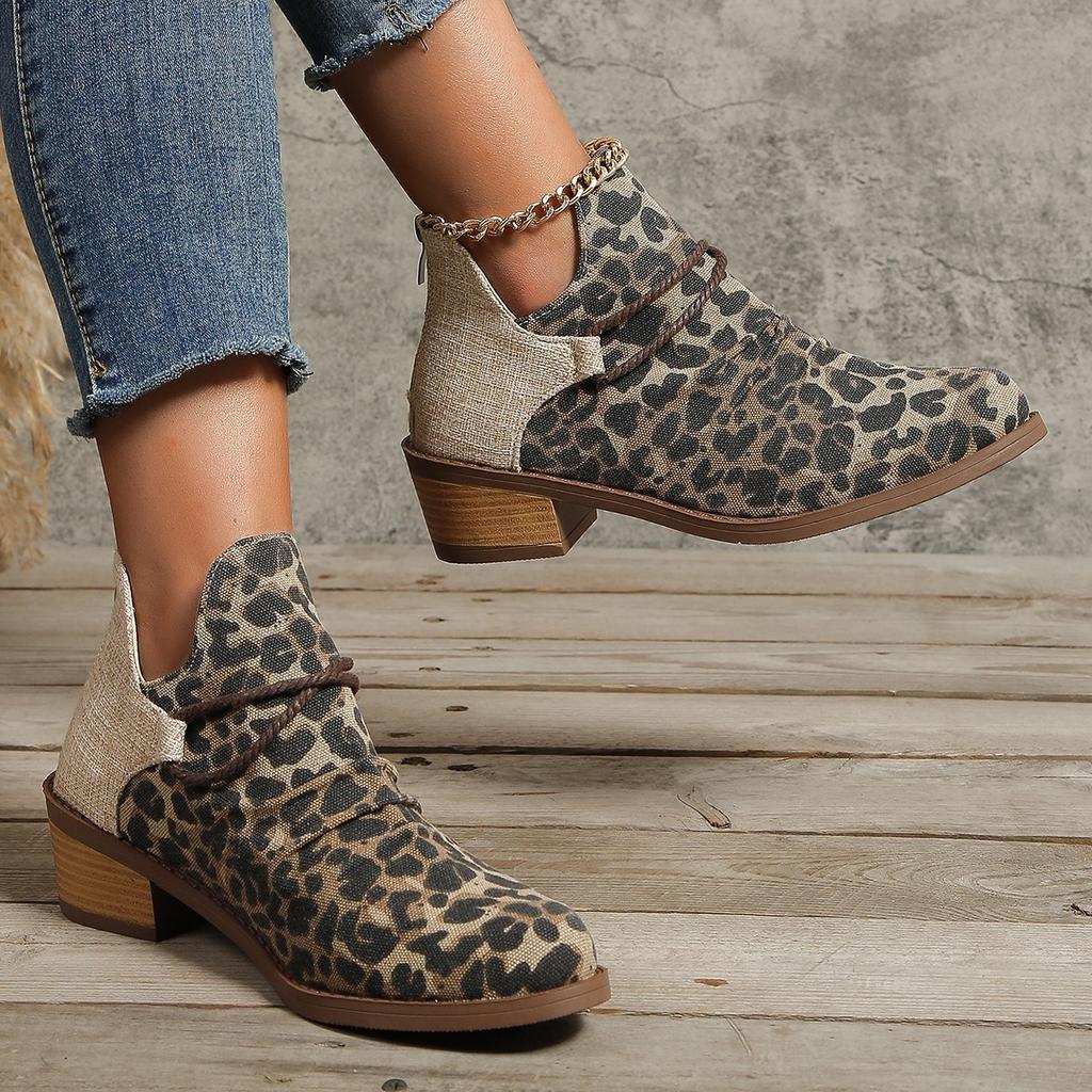 Women's Denim Boots Leopard Canvas Shallow Ankle Boots 2023 Autumn Casual Ladies Mid Heels Pointed Toe Female Woman Flats Shoes
