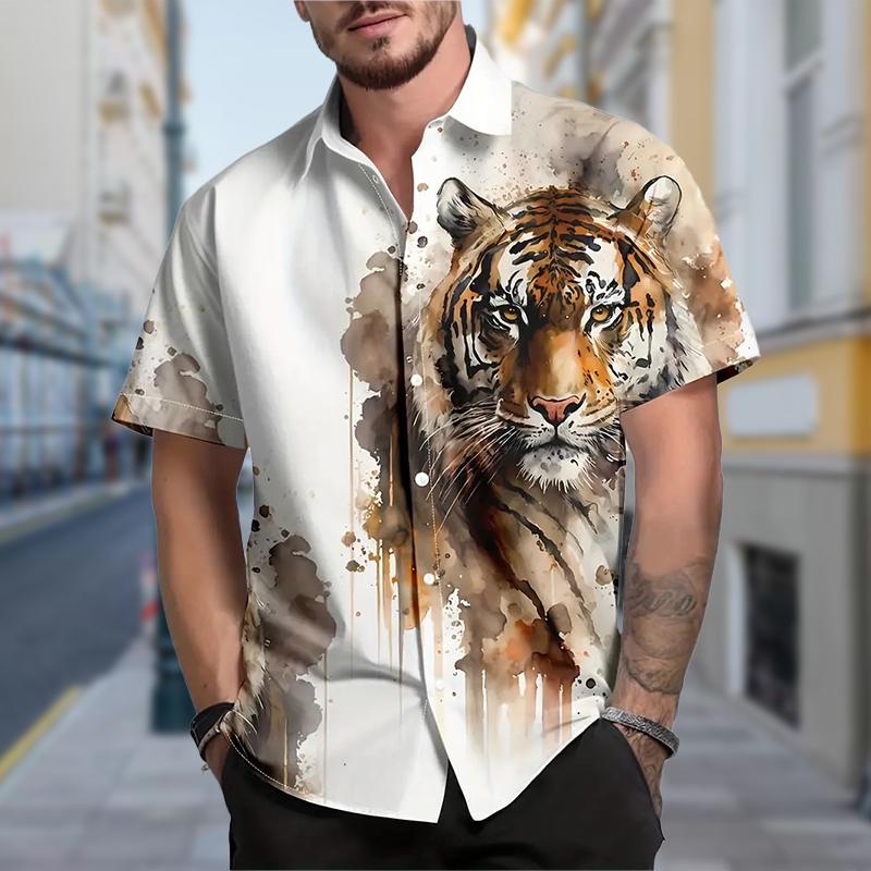 Men's Fierce Tiger 3D Print Shirt Button Up Shirt Casual Shirt Summer Shirt Short Sleeve Daily Vacation Clothing