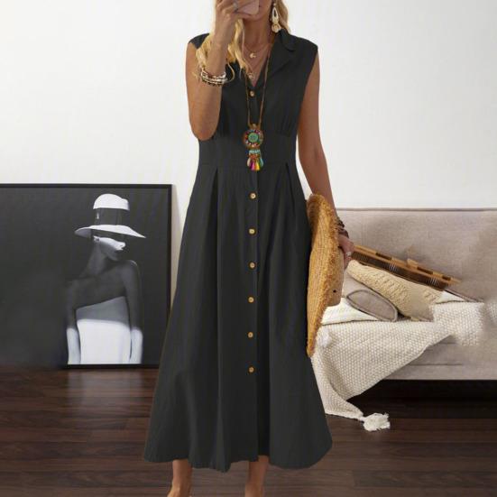 A-Line Dress Elegent Beauty Lady Dress Single-breasted Large Hem Long Dress Solid Color