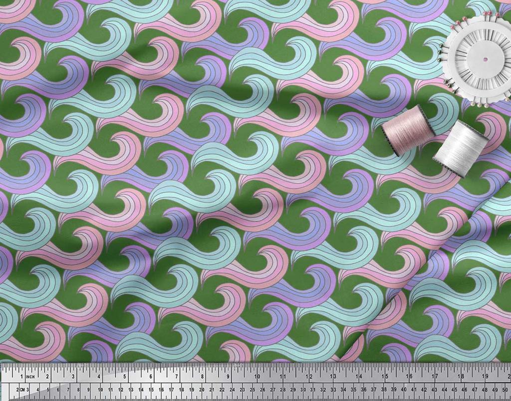 Soimoi Зеленая японская креп-сатиновая ткань с художественными волнами и абстрактным принтом, ткань для творчества по метрам, 42 дюйма