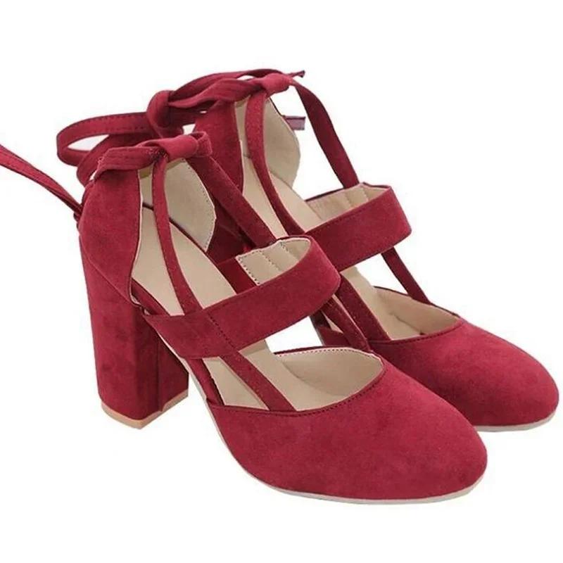 Модные туфли-лодочки Sapatos Feminino, размер 35-43, летние туфли-гладиаторы на высоком каблуке для вечеринки, свадебные туфли, модные туфли на толстом каблуке со шнуровкой, женские, черные