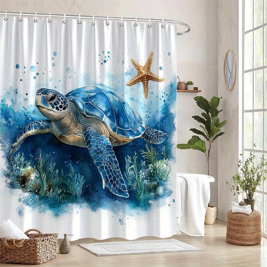 1 Piece Watercolor Blue Turtle Shower Curtain, Polyester Fabric, Machine Washable, Suitable For Bathroom Decoration