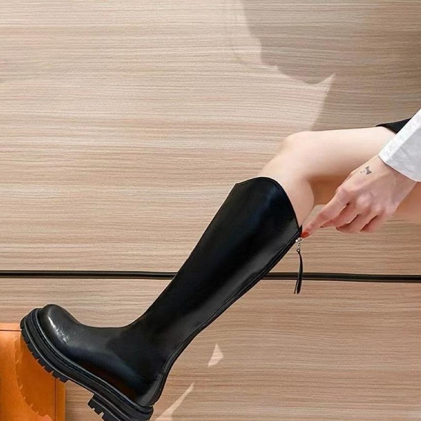 Модные женские сапоги Сапоги до колена Высокое качество Модные Круглый носок Задняя молния Толстая подошва V-образный вырез Женские сапоги Сапоги рыцаря Ботас Мухер