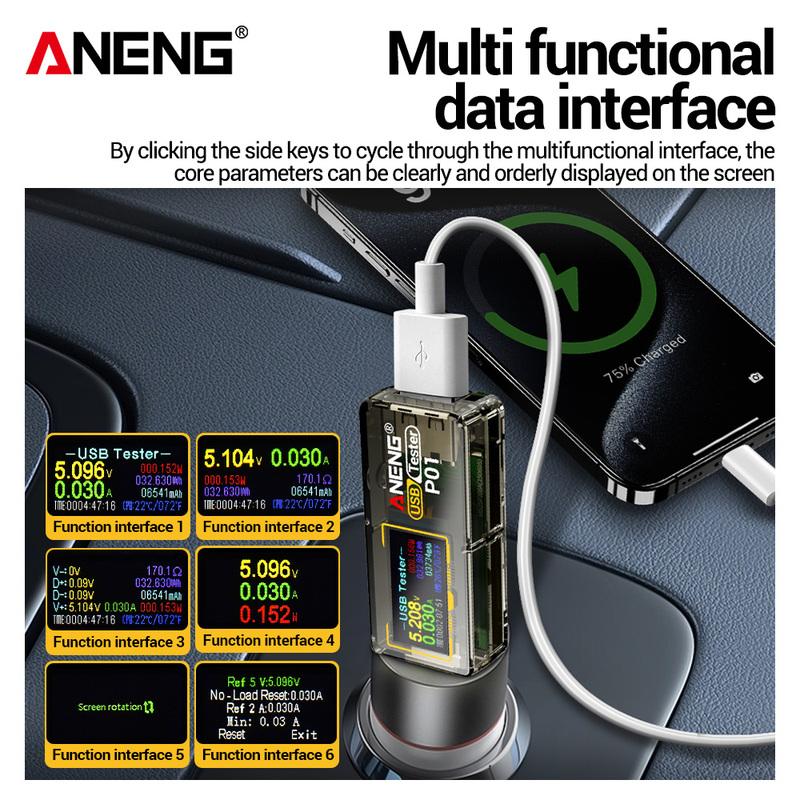 Цифровой вольтметр-амперметр ANENG P01 USB-тестер 4В-30В Емкость Энергия Температура Детектор быстрой мощности