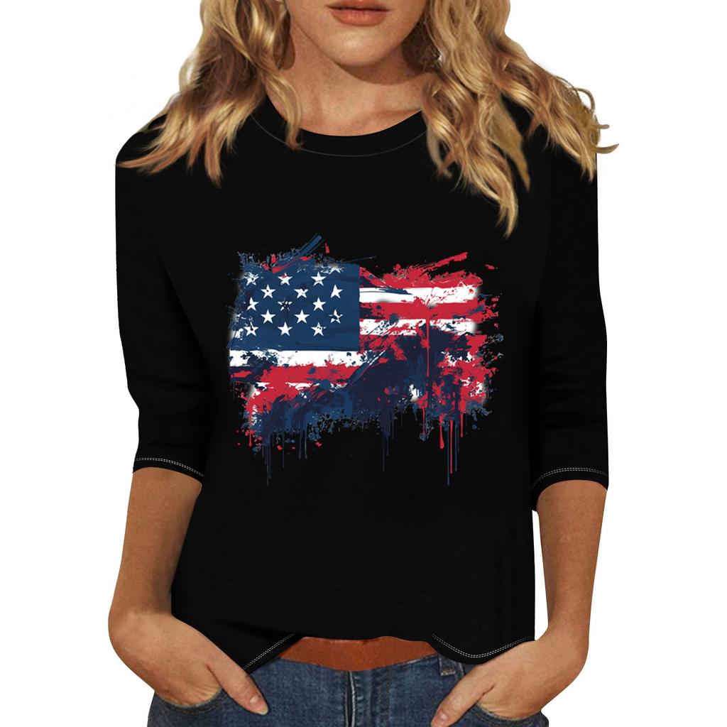 Women's Print Round Neck Top With Three Quarter Sleeves T-Shirt Three Quarter Sleeves T-Shirt