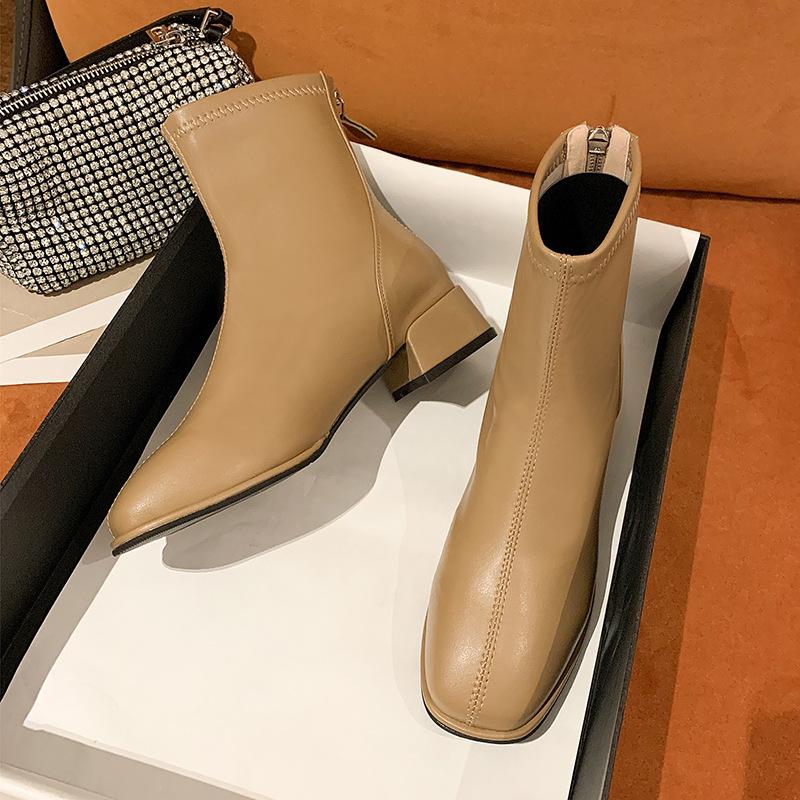 Маленькие короткие сапоги на грубом каблуке, женские осенние ботинки Martin 2024 года, модные мягкие кожаные квадратные универсальные узкие сапоги, эластичные сапоги