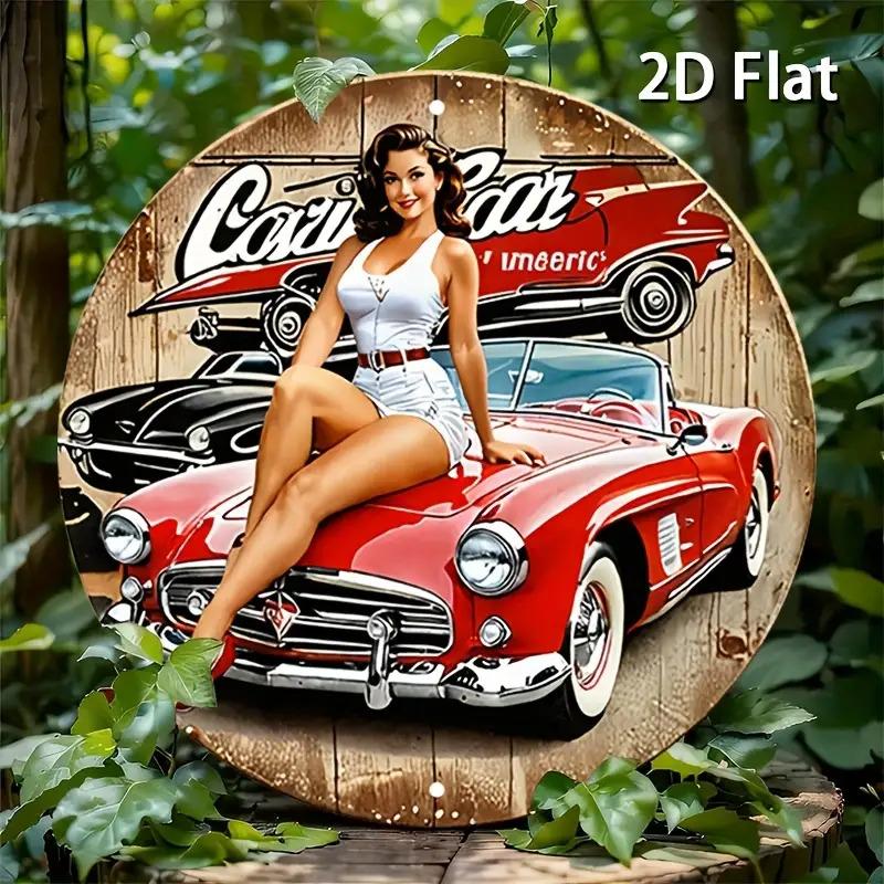 Хисун Жестяная вывеска Винтажный Классический автомобиль Девушка Pin-Up Ретро Металлическая жестяная живопись Деревенский Потертый Красный Кабриолет Автомобиль Круглое Настенное Искусство Декор Рет
