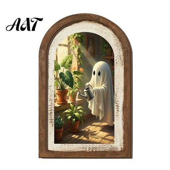 Retro Halloween Room Decor Ghost/Witch Arched Wall Decor, Cute Ghost Table Sign, Rustic Farmhouse Shelf Wooden Sign Decorative Hanging Art for Mantel