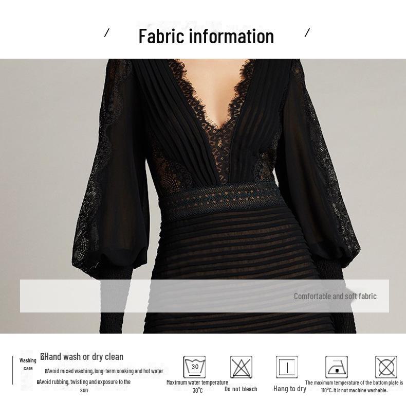 Элегантное вечернее платье с глубоким V-образным вырезом и длинными рукавами из черного кружева с вышивкой 2025 года